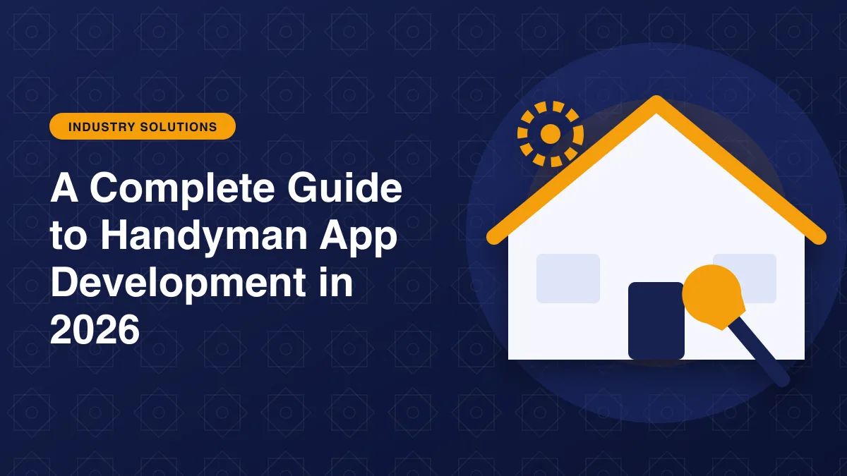 Illustration of a house with a wrench and gear for home services for the article: A Complete Guide to Handyman App Development in 2026