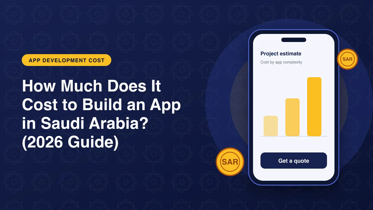 Illustration of a phone with a cost estimate bar chart and coins for the article: How Much Does It Cost to Build an App in Saudi Arabia? (2026 Guide)