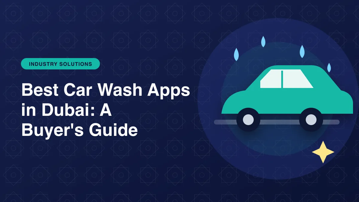Illustration of a car being washed with water drops and sparkles for the article: Best Car Wash Apps in Dubai: A Buyer's Guide