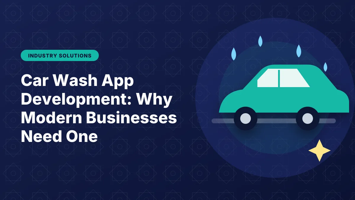 Illustration of a car with water drops and a sparkle, representing car wash app development