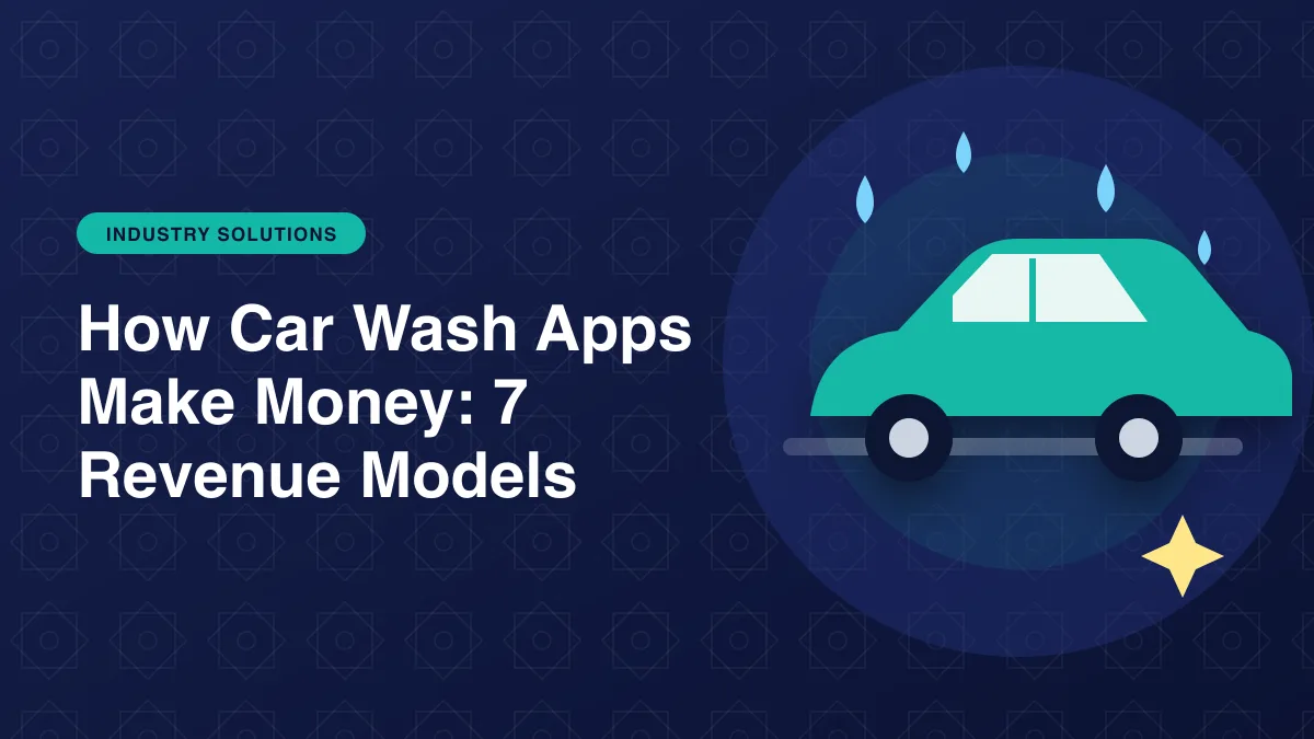 Illustration of a car being washed with water drops and sparkles for the article: How Car Wash Apps Make Money: 7 Revenue Models