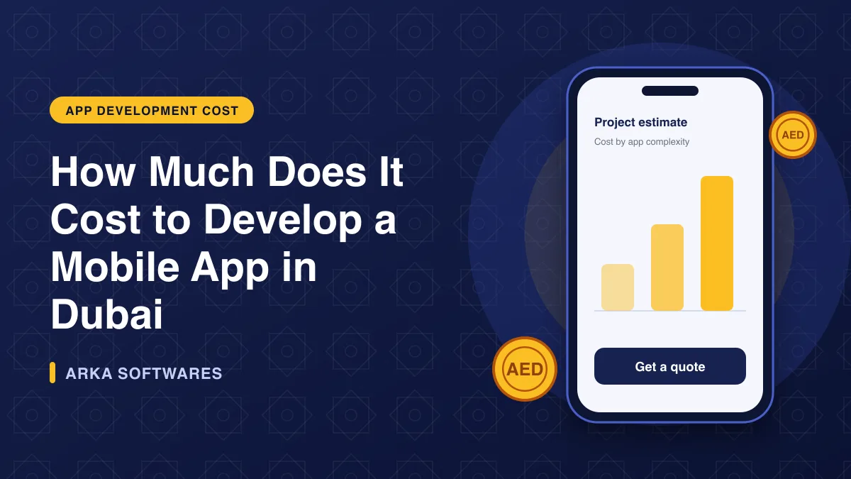Illustration of a phone with a cost estimate bar chart and coins for the article: How Much Does It Cost to Develop a Mobile App in Dubai?