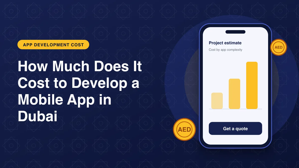 Illustration of a phone with a cost estimate bar chart and coins for the article: How Much Does It Cost to Develop a Mobile App in Dubai?