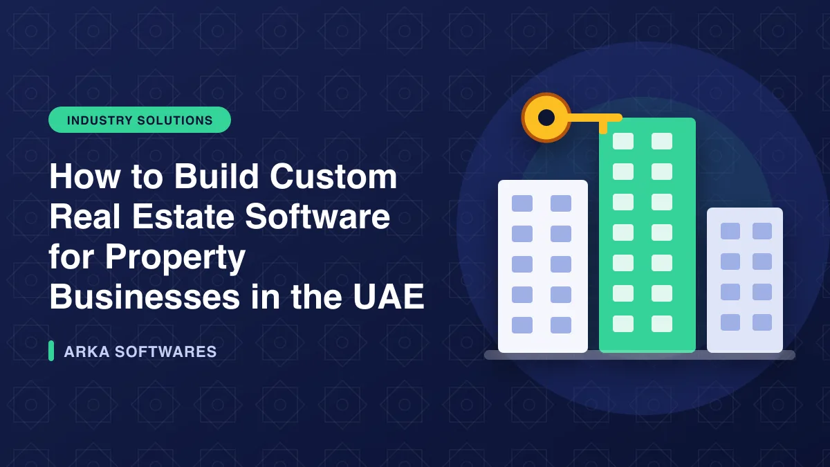 Illustration of city buildings with a property key for the article: How to Build Custom Real Estate Software for Property Businesses in the UAE