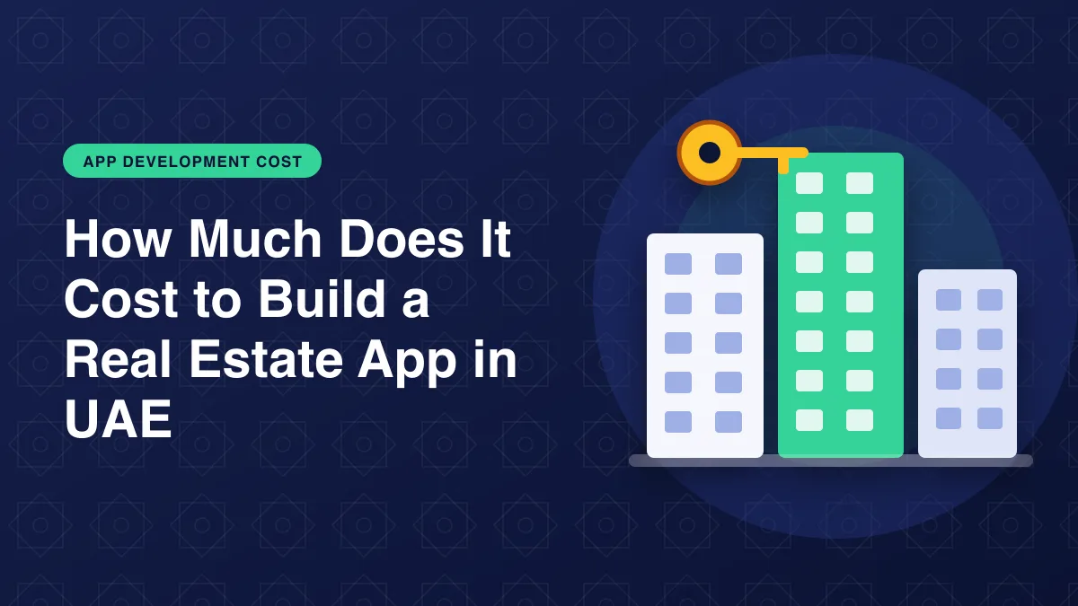 Illustration of city buildings with a property key for the article: How Much Does It Cost to Build a Real Estate App in UAE?