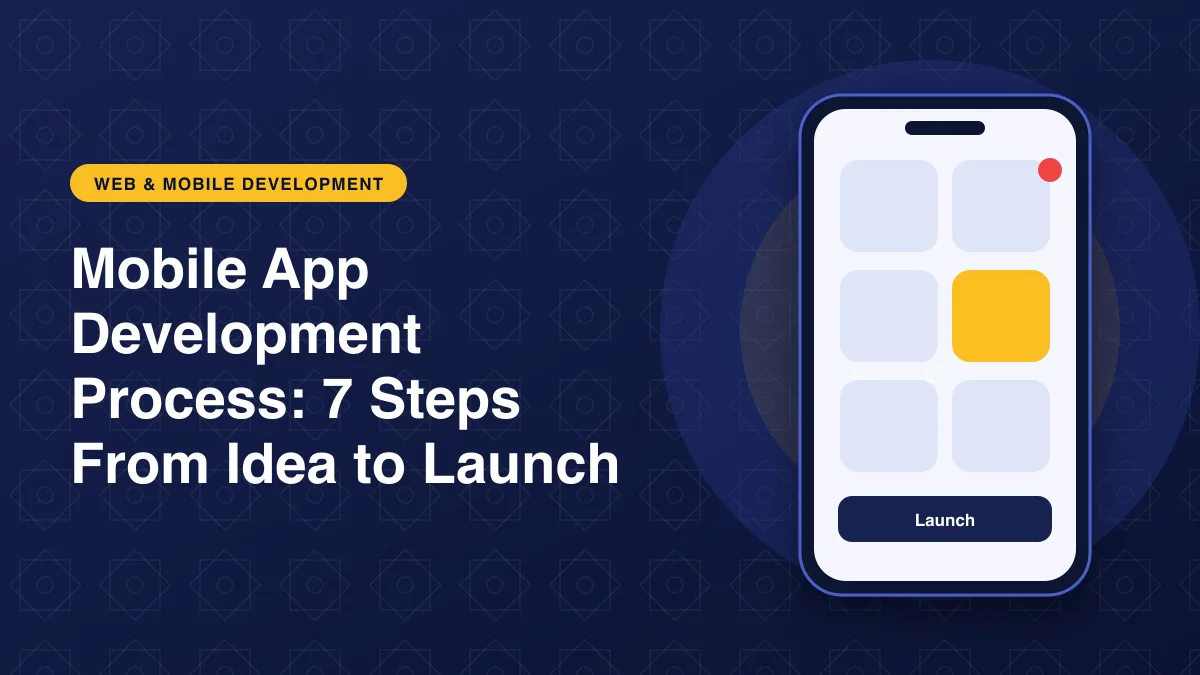 Illustration of a smartphone showing an app interface for the article: Mobile App Development Process: 7 Steps From Idea to Launch