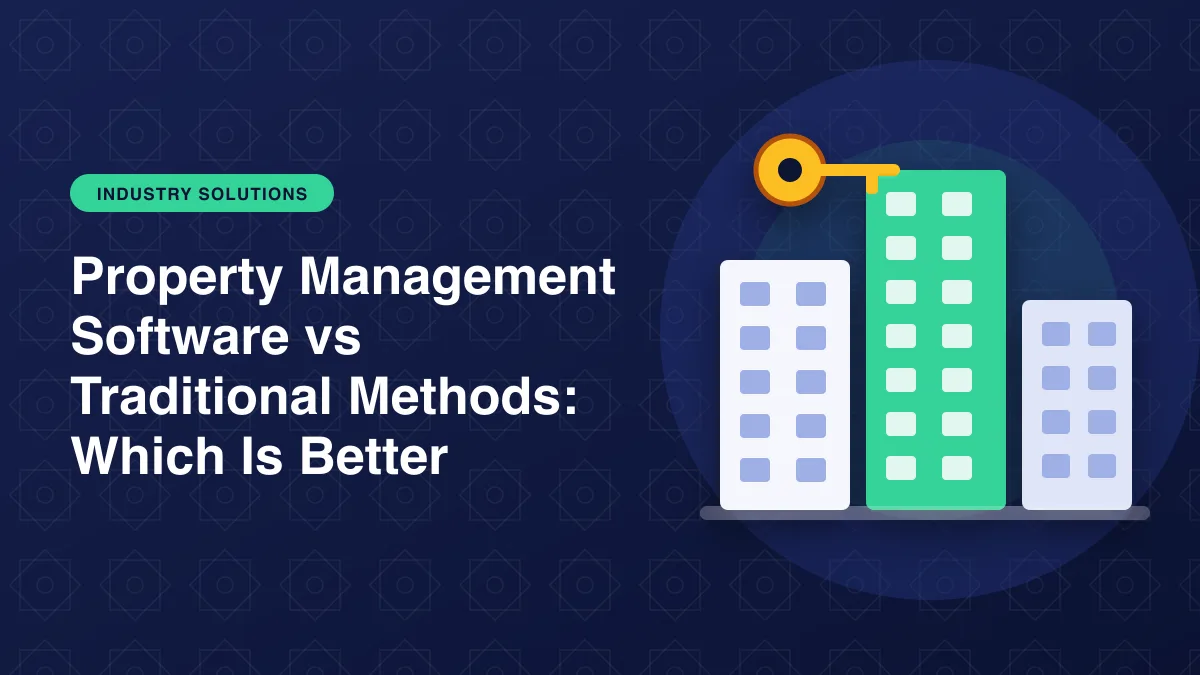 Illustration of city buildings with a property key for the article: Property Management Software vs Traditional Methods: Which Is Better?