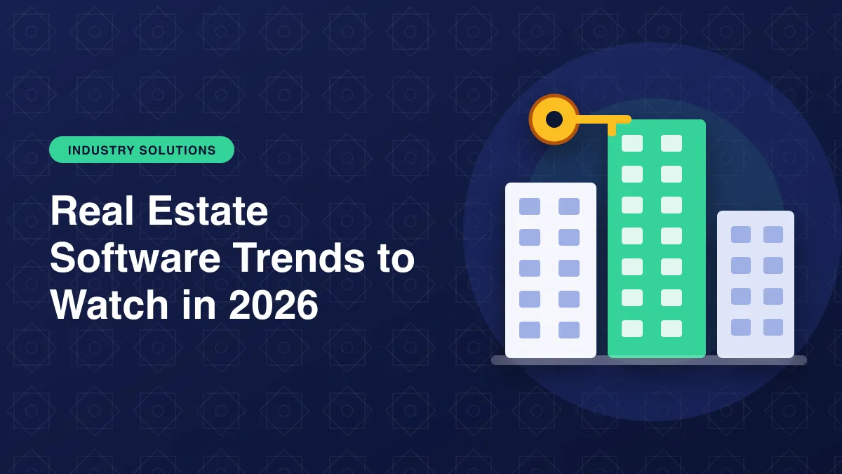 Illustration of city buildings with a property key for the article: Real Estate Software Trends to Watch in 2026